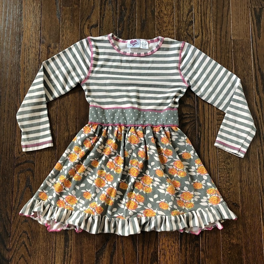 Ann Loren Girls 7/8 Gray/Creme/Pink Multi-Design Long-Sleeve A-Line Cotton Dress